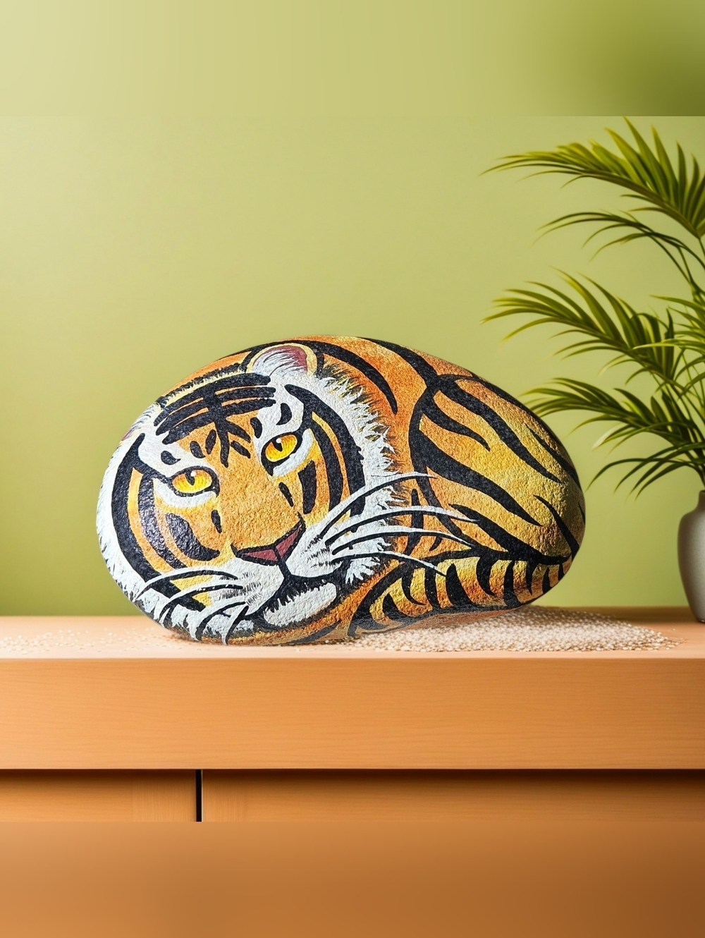 Hand-Painted Tiger Rock Art in Orange and Black